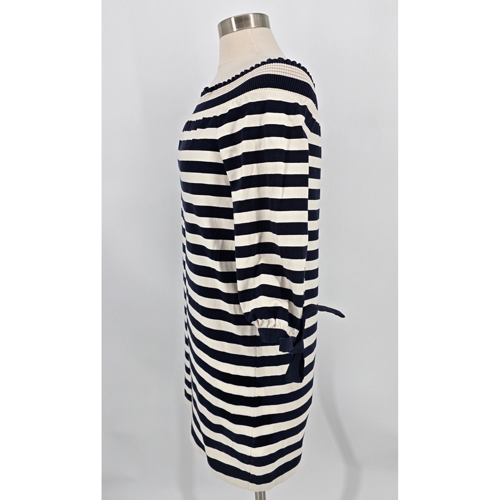 J Crew XS Stripe Knit Mini Dress Off Shoulder 3/4 Sleeve Bow Cuff 100% Cotton - Picture 8 of 11